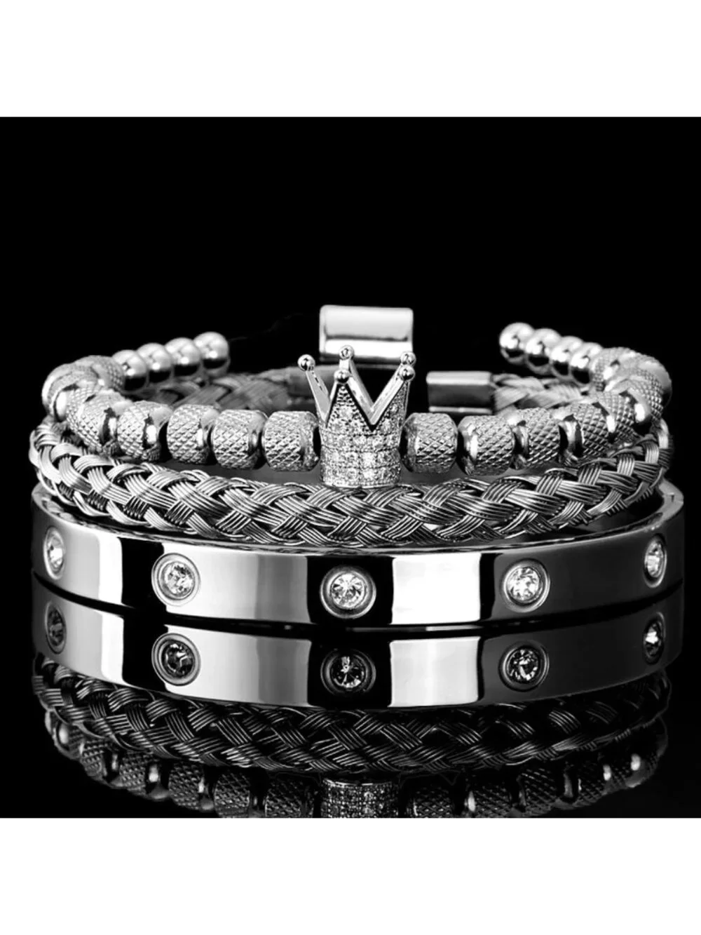 3PCS Gold Stainless Steel Crown Bracelets for Men - Adjustable Roman Numeral